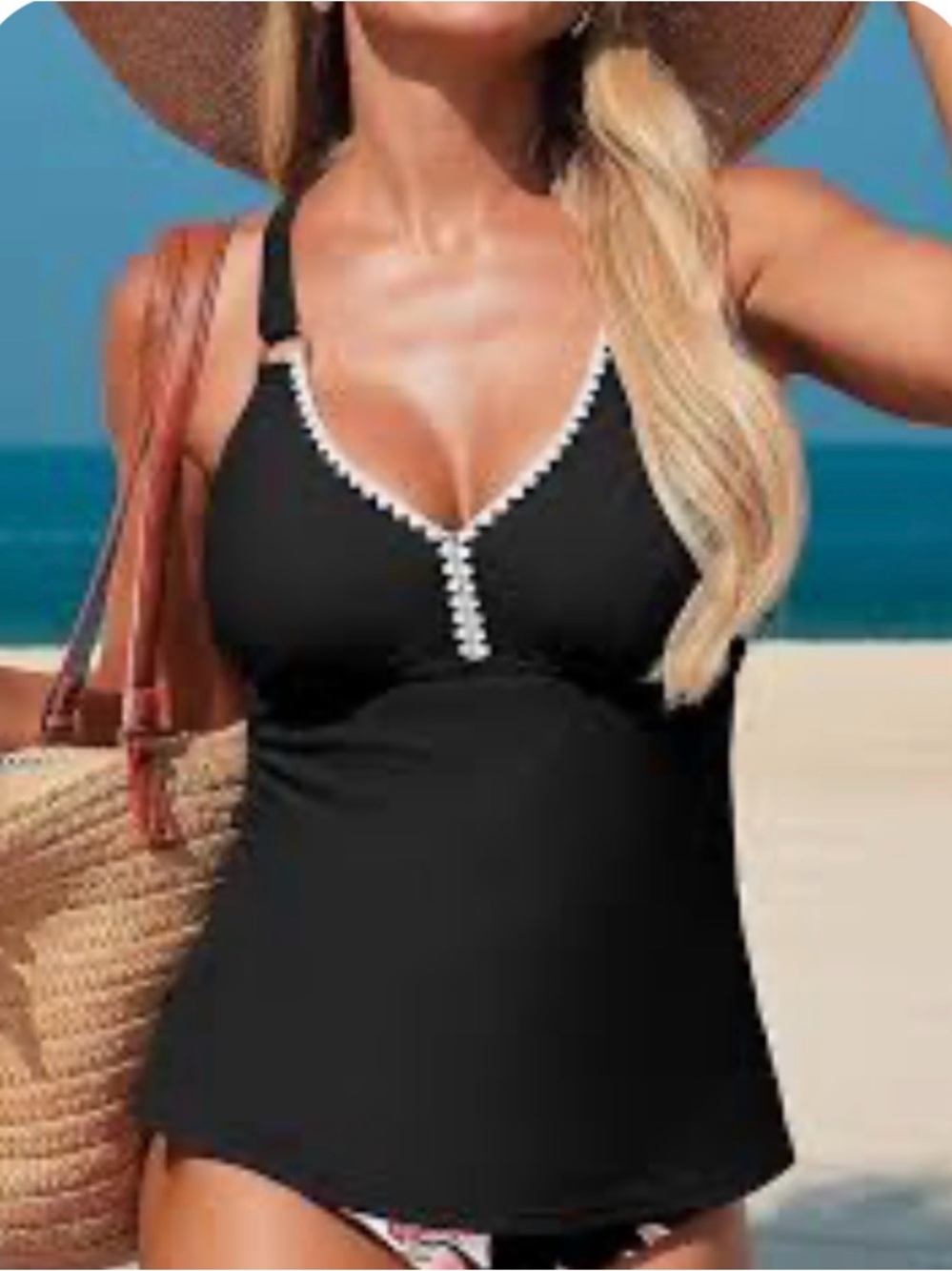 Black V-Neck Women's Swim Tankini Top with Contrast Trim Size Medium
